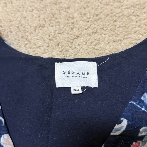 Sezane Floral Textured Navy Top 3/4 Sleeve V Neck Feminine Dainty Size 34 XS - Picture 11 of 13